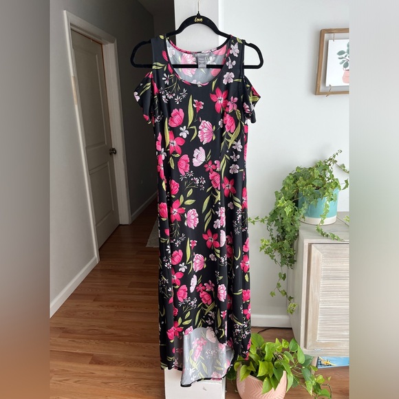 KATE & MALLORY Stretch Knit Cold Shoulder Slit Front Hi-Lo Maxi Dress - Picture 2 of 6